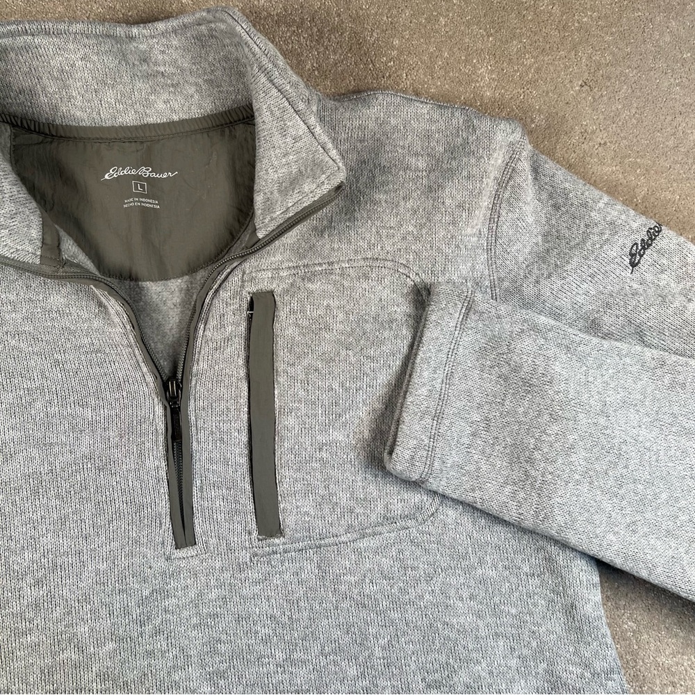Eddie Bauer Quarter Zip Gray Sweater‎ Fleece Lined Chest Pocket Men's Large